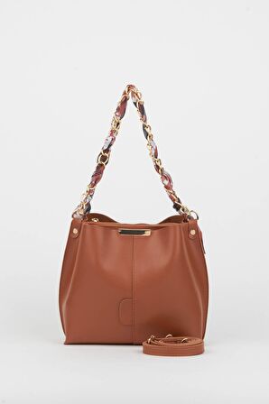 Kadın Taba Fularlı Zincir Aksesuarlı Yumuşak Deri 3 Bölmeli El Kol Ve Omuz Çantası