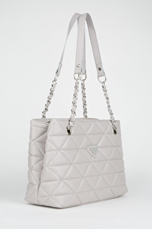 Acık Gri Deri Kapitone 3 Bölme Fermuar Kapama Zincir Askılı Astarlı El Kol Ve Omuz Çantası