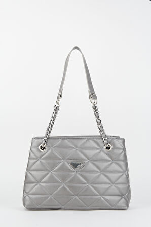 Gümüş Deri Kapitone 3 Bölme Fermuar Kapama Zincir Askılı Astarlı El Kol Ve Omuz Çantası