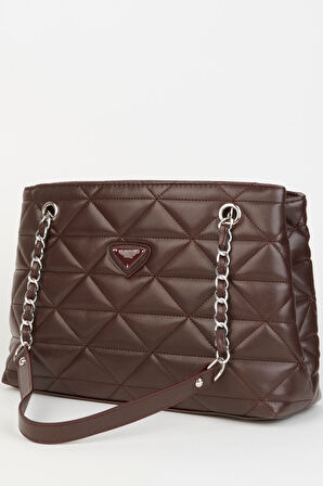 Acı Kahve Kapitone 3 Bölme Fermuar Kapama Zincir Askılı Astarlı El Kol Ve Omuz Çantası