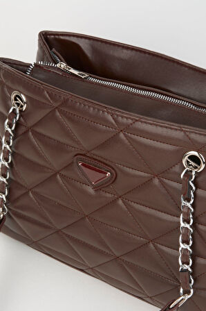 Acı Kahve Kapitone 3 Bölme Fermuar Kapama Zincir Askılı Astarlı El Kol Ve Omuz Çantası