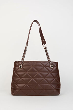 Acı Kahve Kapitone 3 Bölme Fermuar Kapama Zincir Askılı Astarlı El Kol Ve Omuz Çantası