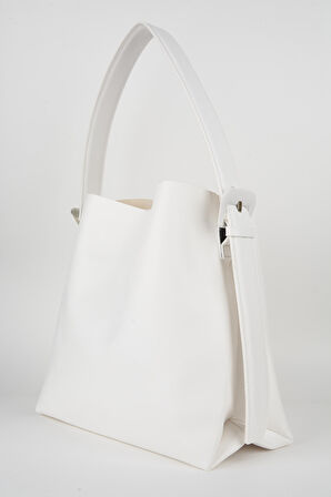 Beyaz İçi Süet Yumuşak Deri Çıtçıt Ve Fermuarlı İç Bölme Büyük Boy Shopper Çanta 