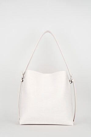 Beyaz İçi Süet Yumuşak Deri Çıtçıt Ve Fermuarlı İç Bölme Büyük Boy Shopper Çanta 