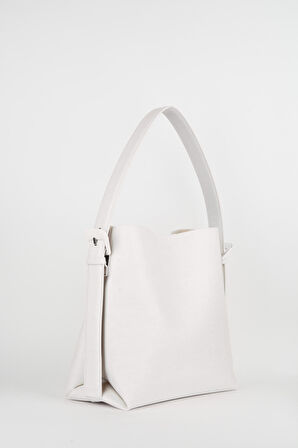 Beyaz İçi Süet Yumuşak Deri Çıtçıt Ve Fermuarlı İç Bölme Büyük Boy Shopper Çanta 