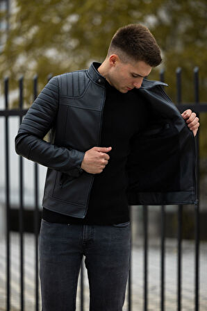 Erkek Siyah Iç Cepli Slim Fit Deri Ceket