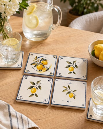 CEREN WOODEN Limon Desenli 4'lü Mermer Bardak Altlığı