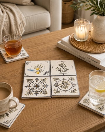 CEREN WOODEN Akdeniz Esintisi Limon & Zeytin Desenli Mermer Bardak Altlığı Seti