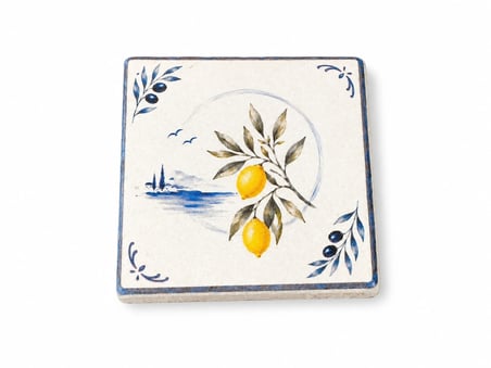CEREN WOODEN Akdeniz Esintisi Limon & Zeytin Desenli Mermer Bardak Altlığı Seti