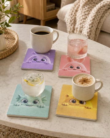 CEREN WOODEN Sevimli Canavarlar 4’lü Bardak Altlığı Seti