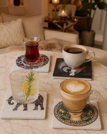 CEREN WOODEN Dekoratif Motif 4’lü Mermer Bardak Altlığı Seti