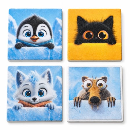 CEREN WOODEN Buzul Dostları 4’lü Mermer Bardak Altlığı Seti