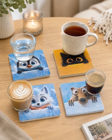 CEREN WOODEN Buzul Dostları 4’lü Mermer Bardak Altlığı Seti