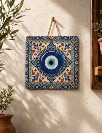Geleneksel Nazar Boncuğu Motifli 15x15 cm Doğal Taş Dekoratif Duvar Süsü