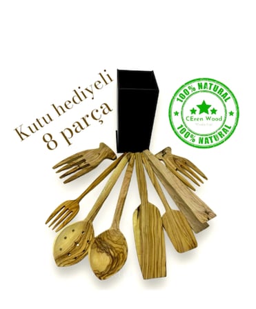 Zeytin Ağacı 8 Parça Kaşık Spatula Salata Eli Çatal Kevgir Maşa