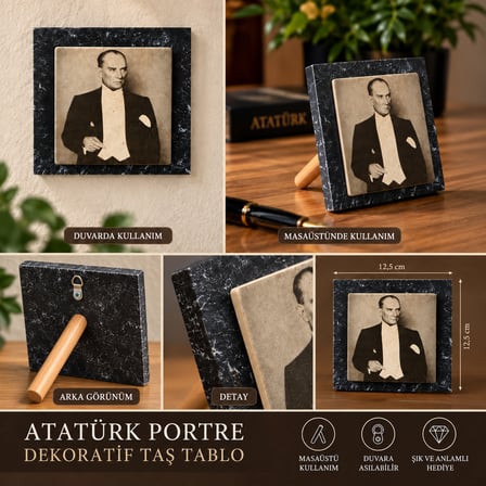 Atatürk Portreli Dekoratif Taş Görünümlü Tablo 12,5x12,5 cm – Masaüstü ve Duvar Kullanımlı