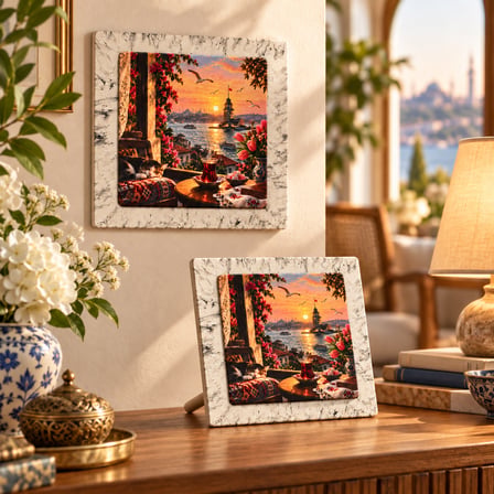 Ceren Wooden Kız Kulesi Gün Batımı Dekoratif Tablo Mermer 12.5x12.5 cm Masaüstü ve Duvar Kullanımlı