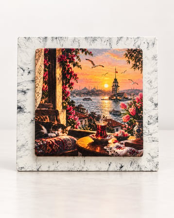 Ceren Wooden Kız Kulesi Gün Batımı Dekoratif Tablo Mermer 12.5x12.5 cm Masaüstü ve Duvar Kullanımlı