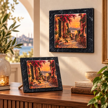 Gün Batımı Sokak Manzaralı Dekoratif Taş Görünümlü Tablo 12,5x12,5 cm – Masaüstü ve Duvar Kullanımlı