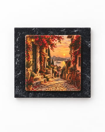 Gün Batımı Sokak Manzaralı Dekoratif Taş Görünümlü Tablo 12,5x12,5 cm – Masaüstü ve Duvar Kullanımlı