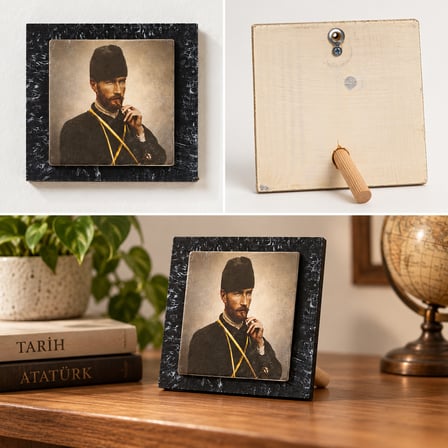 Ceren Wooden Atatürk Portreli Dekoratif Tablo Mermer Görünümlü 12,5x12,5 cm Masaüstü ve Duvar
