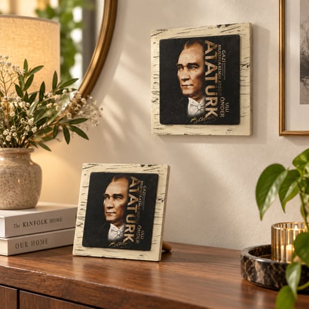 Atatürk Portreli Dekoratif Taş Tablo 12,5x12,5 cm – Masaüstü ve Duvar Kullanımlı