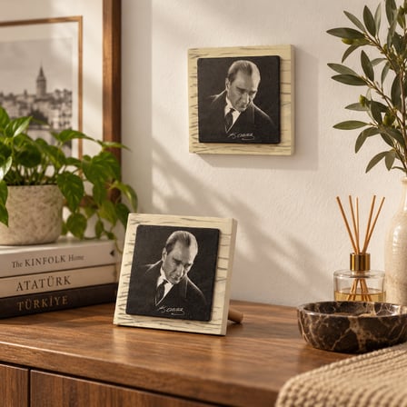 Atatürk Portreli Dekoratif Taş Tablo 12,5x12,5 cm – Masaüstü ve Duvar Kullanımlı