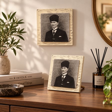Ceren Wooden Atatürk Portreli Mermer Tablo Ahşap Çerçeveli 12.5x12.5 cm