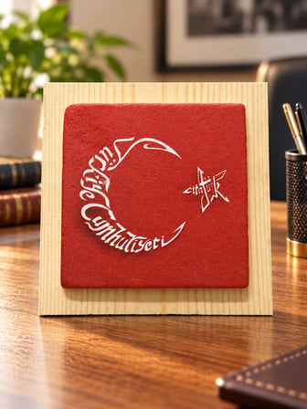 Atatürk Temalı Doğal Ahşap ve Mermer Dekoratif Tablo 12,5x12,5 cm – Duvar ve Masaüstü Kullanım