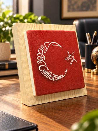 Atatürk Temalı Doğal Ahşap ve Mermer Dekoratif Tablo 12,5x12,5 cm – Duvar ve Masaüstü Kullanım