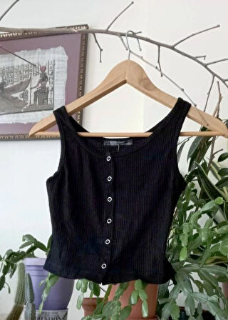 Kadın Çıtçıt Kapamalı Esnek Süper Crop Halter Yaka Fitilli Örme Bluz