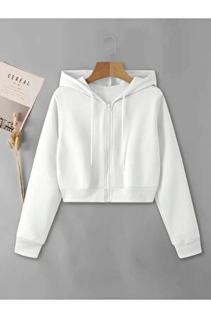Kadın Fermuarlı Oversize Kapşonlu Crop Hırka