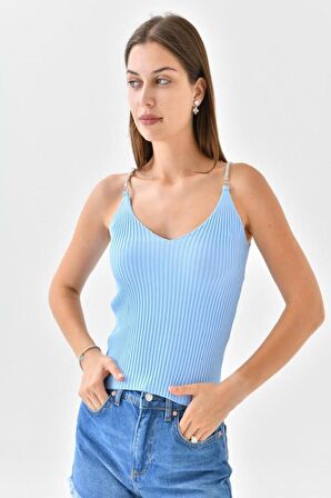 Askılı Sim Detaylı Bebe Mavi Triko Crop Top