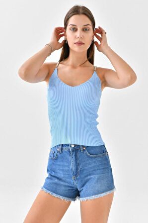 Askılı Sim Detaylı Bebe Mavi Triko Crop Top