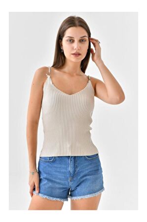 Askılı Sim Detaylı Bej Triko Crop Top