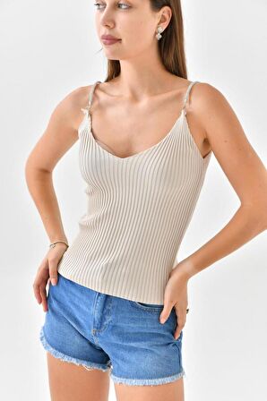 Askılı Sim Detaylı Bej Triko Crop Top