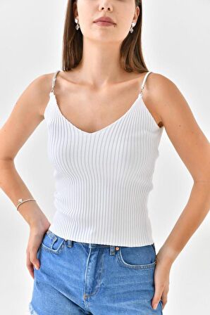 Askılı Sim Detaylı Beyaz Triko Crop Top
