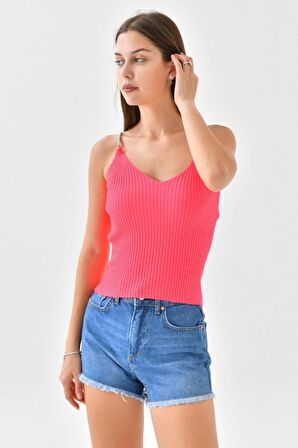 Askılı Sim Detaylı Fuşya Triko Crop Top
