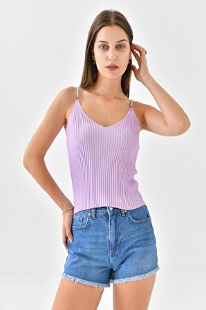 Askılı Sim Detaylı Lila Triko Crop Top
