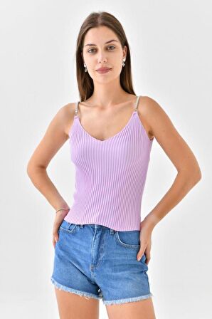 Askılı Sim Detaylı Lila Triko Crop Top