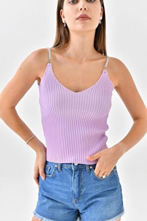 Askılı Sim Detaylı Lila Triko Crop Top