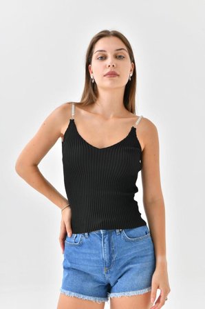 Askılı Sim Detaylı Siyah Triko Crop Top