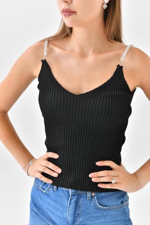 Askılı Sim Detaylı Siyah Triko Crop Top