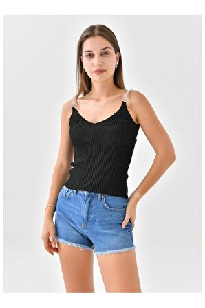 Askılı Sim Detaylı Siyah Triko Crop Top