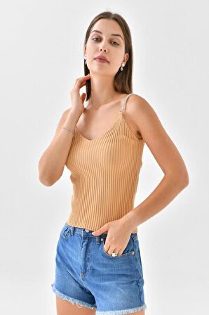 Askılı Sim Detaylı Vizon Triko Crop Top