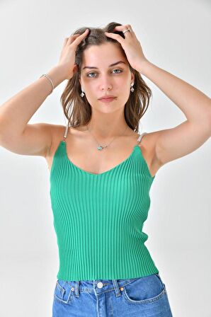 Askılı Sim Detaylı Yeşil Triko Crop Top