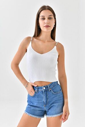 Askılı Sim Detaylı Beyaz Mini Triko Crop Top