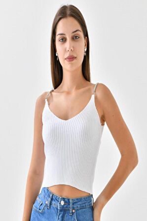 Askılı Sim Detaylı Beyaz Mini Triko Crop Top
