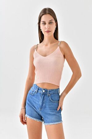 Askılı Sim Detaylı Pudra Mini Triko Crop Top