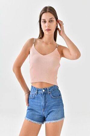 Askılı Sim Detaylı Pudra Mini Triko Crop Top
